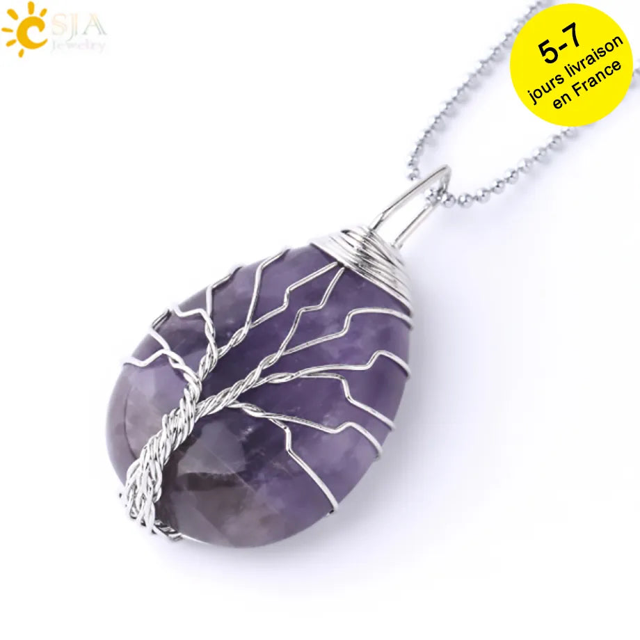 Tiger Eye Tree of Life Crystal Necklace Natural Stone Pendant Wire Wrap Rose Crystals Pink Quartz Amethyst Green Aventurine E585