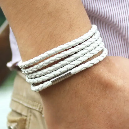 XQNI Brand Black Retro Wrap Long Leather Bracelet Men Bangles Fashion Sproty Chain Link Male Charm Bracelet With 5 Laps