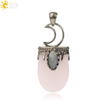 CSJA Natural Stone Crystal Pendants Necklace Antique Silver Color Purple Pink Quartz Necklace Jewelry Crown Moon Charm G274