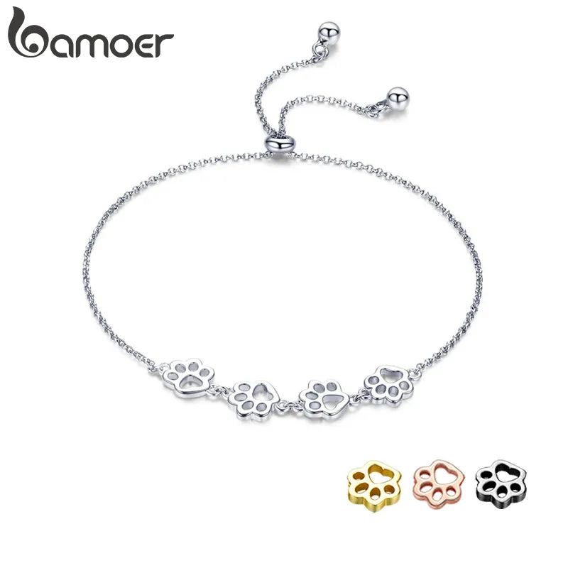 Bamoer 925 Sterling Silver Cute Pet Footprints Bracelet Cat Paw Adjustable Chain Bracelet for Women Birthday