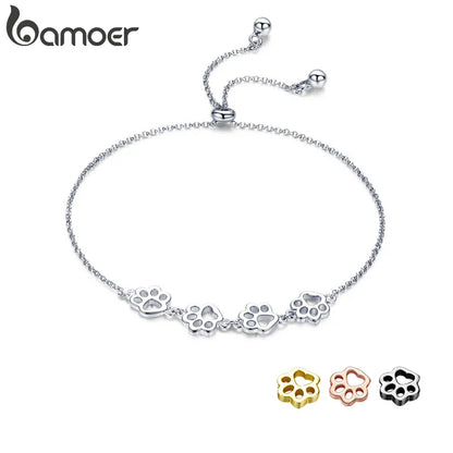 Bamoer 925 Sterling Silver Cute Pet Footprints Bracelet Cat Paw Adjustable Chain Bracelet for Women Birthday