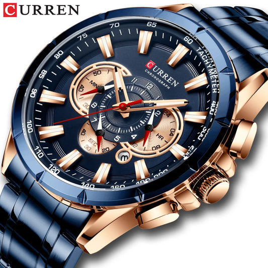 CURREN Luxury Casual Mens Watches Quartz Sports Chronograph Wristwatch Male Stainless Steel Luminous Hands Clock