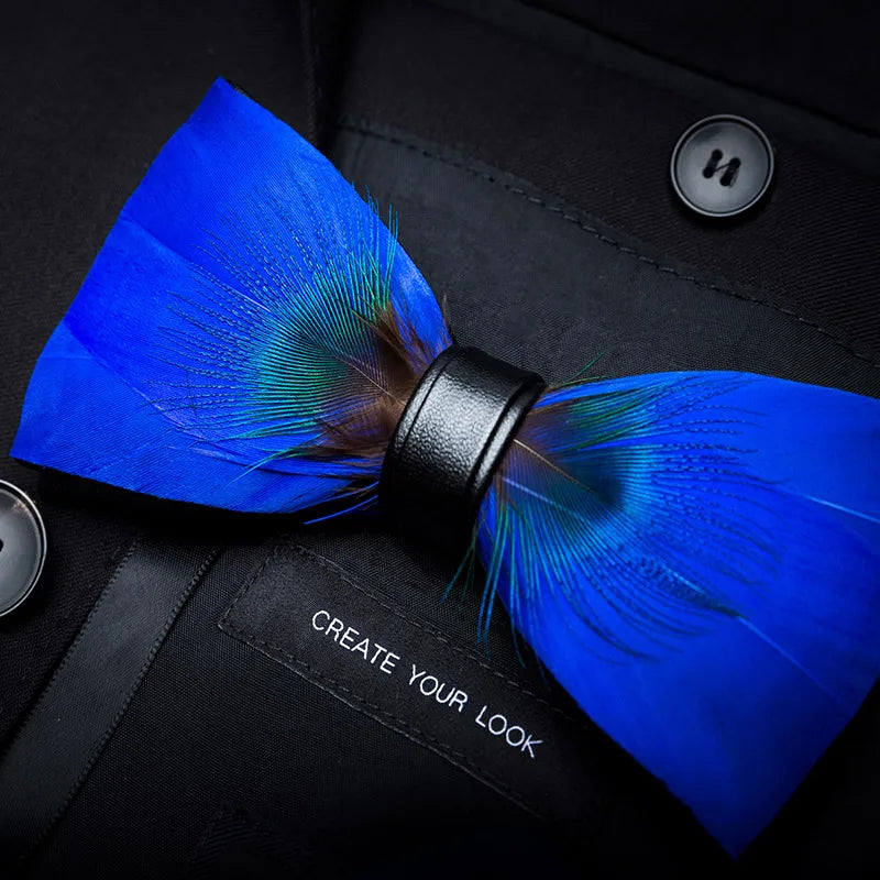 KAMBERFT Designer Brand Handmade Feather and Leather Pre-Tied Bow Tie and Brooch Sets for Men Wedding Party Best Cravate