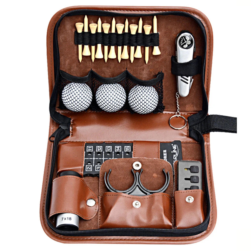 1PC Golf Bag Artificial/Faux Leather Golfer's Set Tool Kit Carrying Range Finder Knife Brush Ball Clip Tee Score Brown New