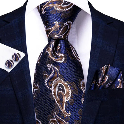 Business Tie for Men Silk Blue Tie Dots Necktie Set Plaid Cufflinks for Wedding Business Tie 150cm Hi-Tie SN-3529