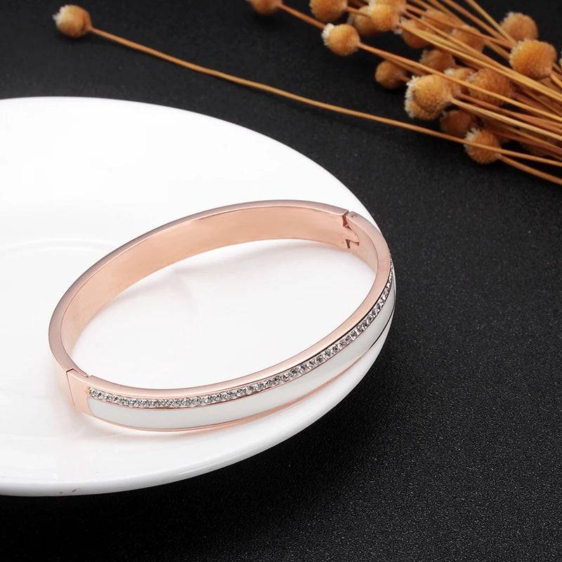 Beauty Stainless Steel Ceramic Resin Women Bracelets Luxury Ladies Crystal Charm Cuff Bangles Wedding Jewelry