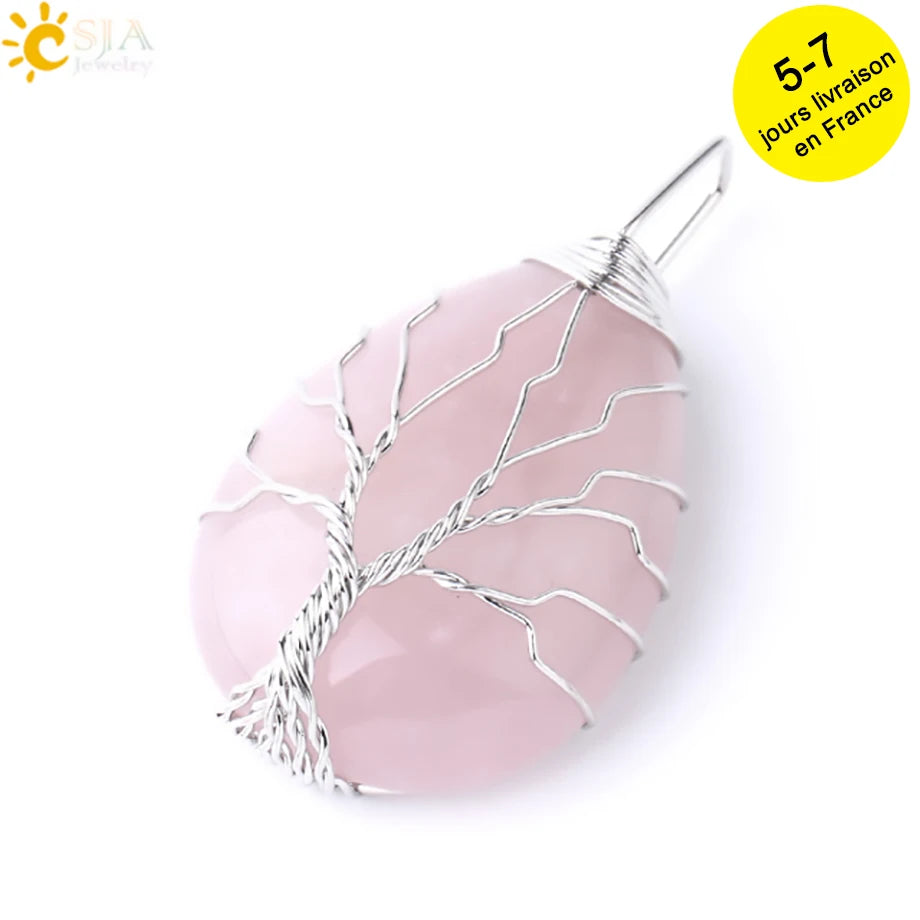 Tiger Eye Tree of Life Crystal Necklace Natural Stone Pendant Wire Wrap Rose Crystals Pink Quartz Amethyst Green Aventurine E585
