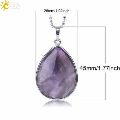 CSJA Natural Stone Pendants  Tiger Eye Pink Quartz Purple Crystal Lapis Necklace Water Drop Flat Bead Women Healing Jewelry F982