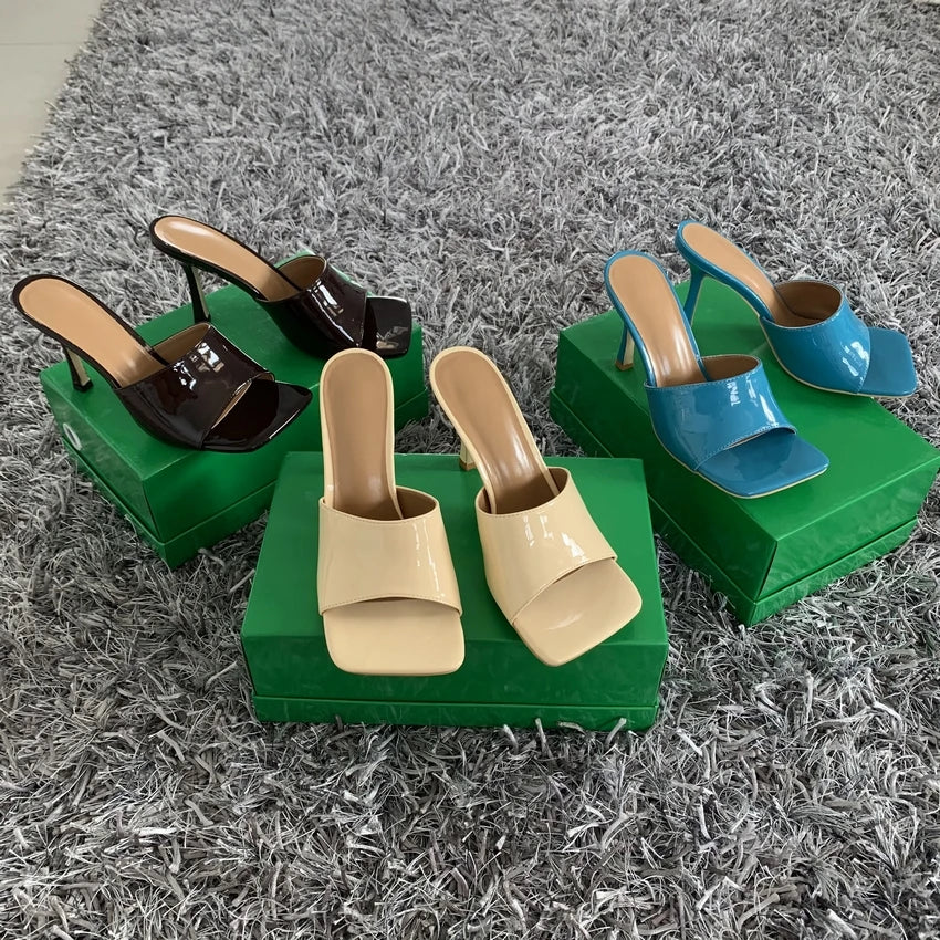 2023 New Summer Women Sandals Square Toe Ladies Heel MulesThin High Heels Sandals Slippers Female Fashion Woman Shoes