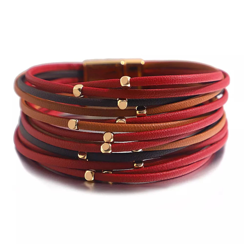 ALLYES Metal Beads Leather Bracelets for Women 2023 Slim Strips Boho Multilayer Wide Wrap Bracelet Femme Jewelry