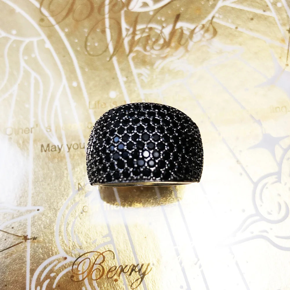 Black Pave Cocktail Ring Europe Style Fine Jewerly for Women Men 2022 Spring Vintage 925 Sterling Silver