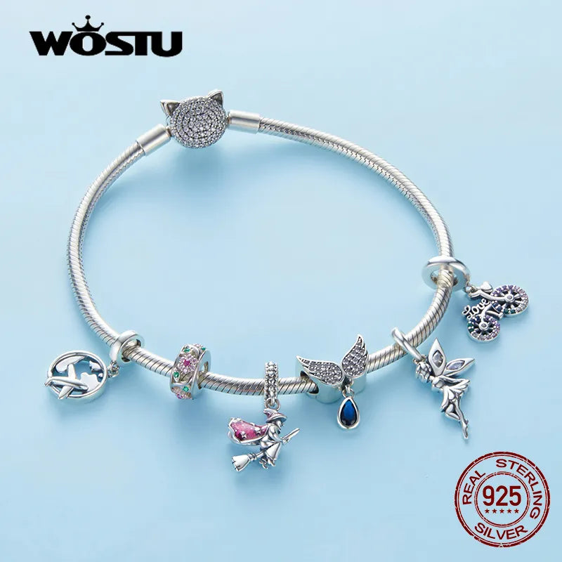 WOSTU 925 Sterling Silver Animal Cat Charm Pendant Heart Family Ladybug Bee Beads Fit Original Bracelet DIY Jewelry for Women
