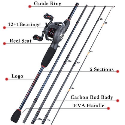 Sougayilang  Fishing 1.8-2.4m Rod Combo Portable 5 Section Carbon Fishing Rod and 6.3:1 Gear Ratio12+1bb Casting Reel Set