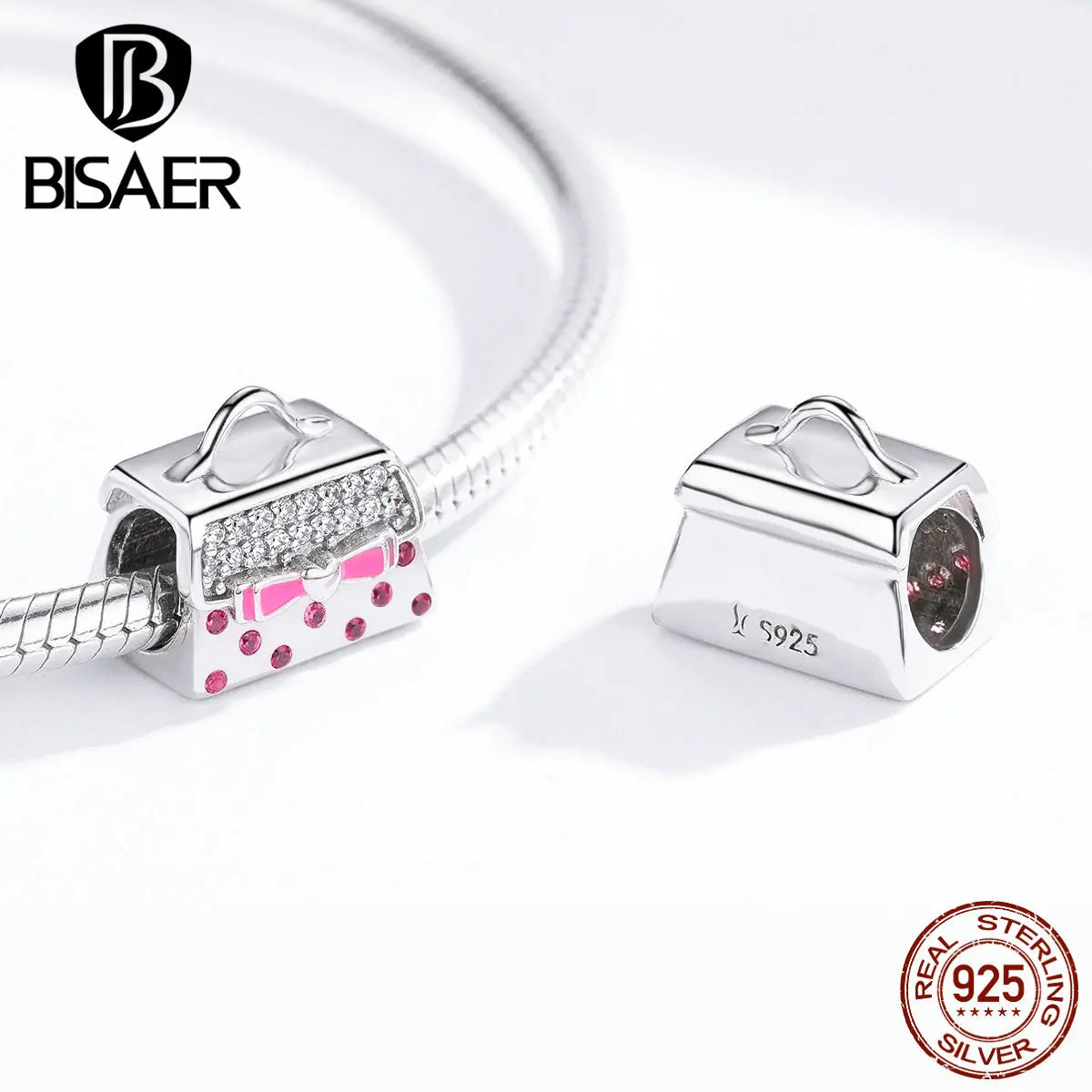BISAER 925 Sterling Silver Blue Travel Suitcase Charm Pink Car Pendant Family House Home Beads Fit Women Bracelet DIY Jewelry