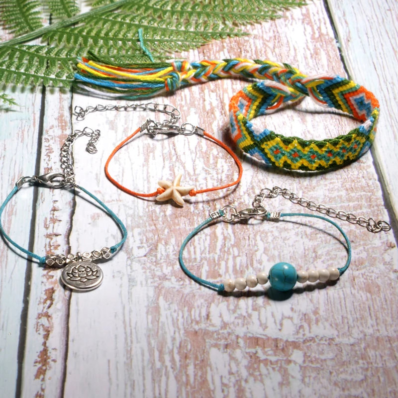 MOON GIRL Handmade Weave Bobo Lotus Anklet Set Fashion Starfish 4 Pieces Bohemian Chic Summer Bracelet Ankle for Women