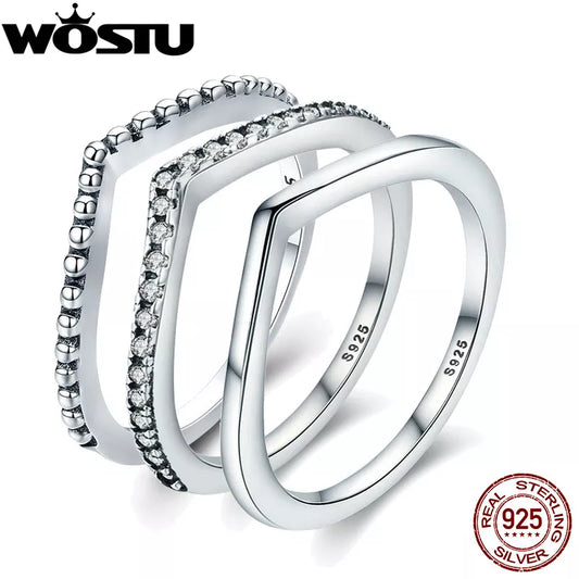 WOSTU Simple Rings 100% 925 Sterling Silver Shimmering Wish Stackable Ring for Women Wedding