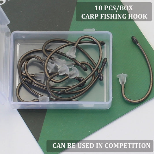 10PCS Carp Fishing Hook PTFE Coating Carp Hooks High Carbon Steel Matte Black With Micro Barb Barbed Hook Fit for Competition