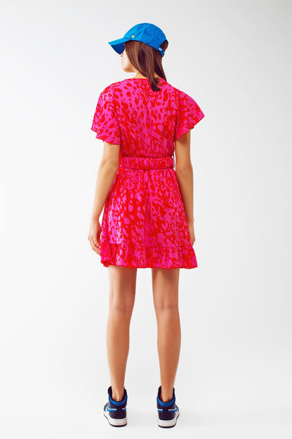Wrap Belted Animal Print Mini Dress in Fuchsia