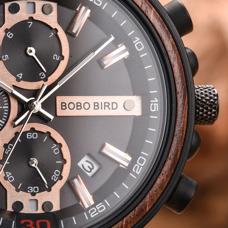 BOBO BIRD Wooden Watch Men Top Brand Luxury Stylish Chronograph Military Watches Wooden Box Logo Custom Great Reloj Hombre