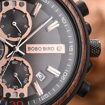 BOBO BIRD Wooden Watch Men Top Brand Luxury Stylish Chronograph Military Watches Wooden Box Logo Custom Great Reloj Hombre
