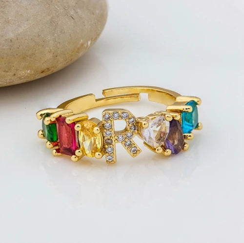 Adjustable A-Z Initial Ring Bohemian Copper Zircon  Rainbow Letter Rings for Women Girls Party Wedding Jewelry