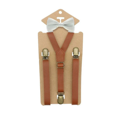 3 Clips Y Back Kid Brown Tan Leather Suspender and Bow Tie Ring Bearer Bowtie Set Birthday Outfit 80*1.5cm Adjustable