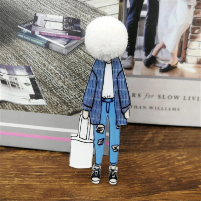 Fashion Brooch Pins for Woman Brooches Girls Face Cartoon Models Acrylic Brooches Kawaii Pompom Clothing Jewelry Accessories