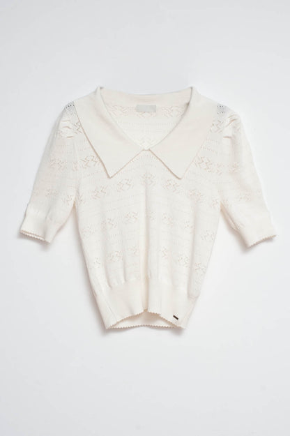 Knitted Pointelle Polo Neck Jumper in Cream