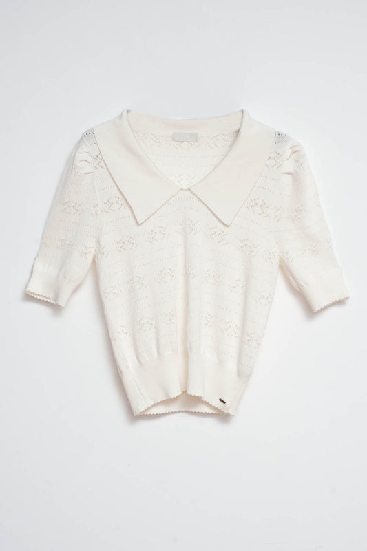 Knitted Pointelle Polo Neck Jumper in Cream