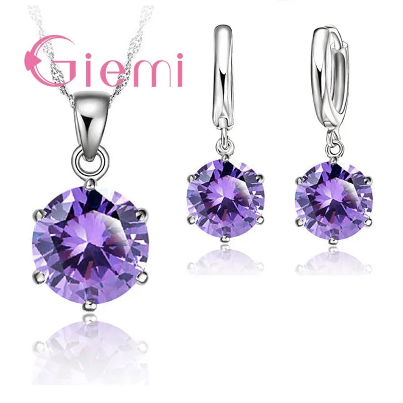 925 Sterling Silver Necklace Women Holiday Wedding Jewelry 6 Claw Cubic Zircon Pendant Engagement