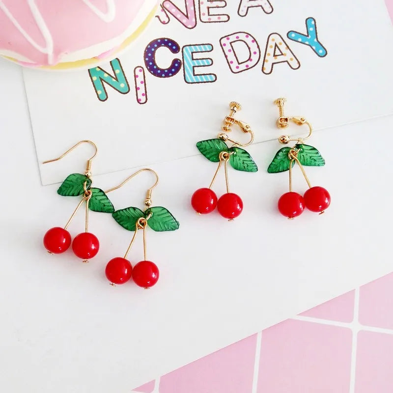 Korean Sweet Youth Girl Student Fruit Cherry Earrings Fresh Simple Cute Women Earrings Ear Clips Banquet Accessories