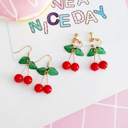 Korean Sweet Youth Girl Student Fruit Cherry Earrings Fresh Simple Cute Women Earrings Ear Clips Banquet Accessories