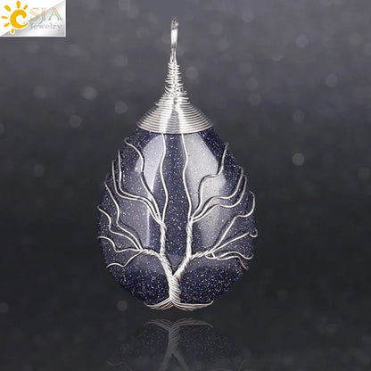 CSJA Natural Stone Pink Quartz Necklace & Pendant Silver-Color Tree of Life Wire Wrapped Water Drop Shape for Women Jewelry F122