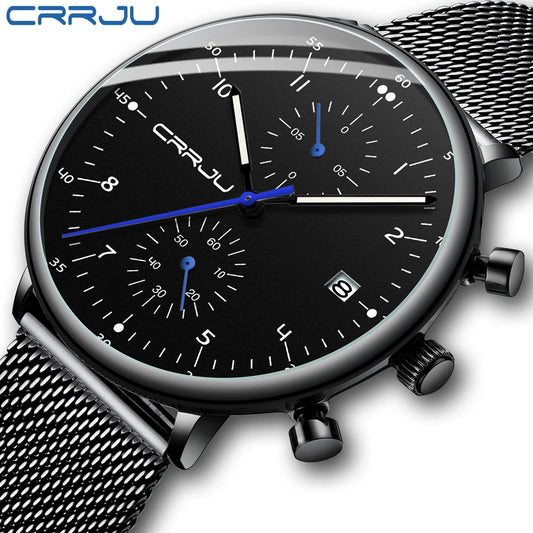 Mens Watch CRRJU Luxury Top Brand Men Stainless Steel WristWatch Men's Military Waterproof Date Quartz Watches Relogio Masculino