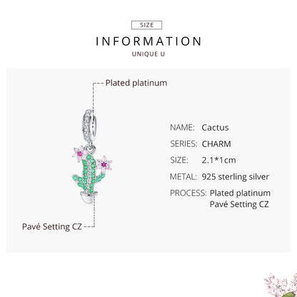 WOSTU New Fashion 925 Sterling Silver Cactus & Flower Beads Green Zircon Fit Original Bracelet Pendant Charms DIY Jewelry CTC121