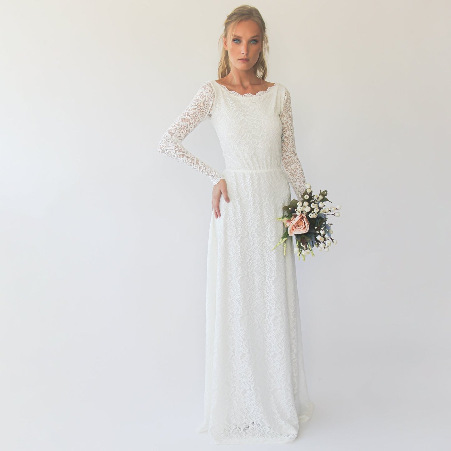 Bestseller Long Sleeves Boat Neckline Modest Wedding Dress #1297
