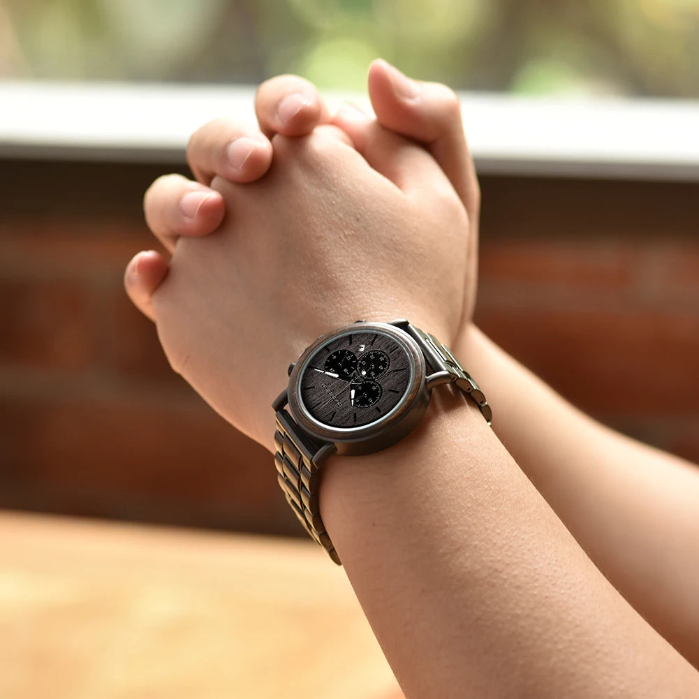 BOBO BIRD P09 Wood and Stainless Steel Watches Mens Chronograph Wristwatches Luminous Hands Stop Clock