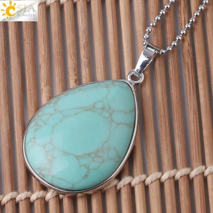 CSJA Natural Stone Pendants  Tiger Eye Pink Quartz Purple Crystal Lapis Necklace Water Drop Flat Bead Women Healing Jewelry F982
