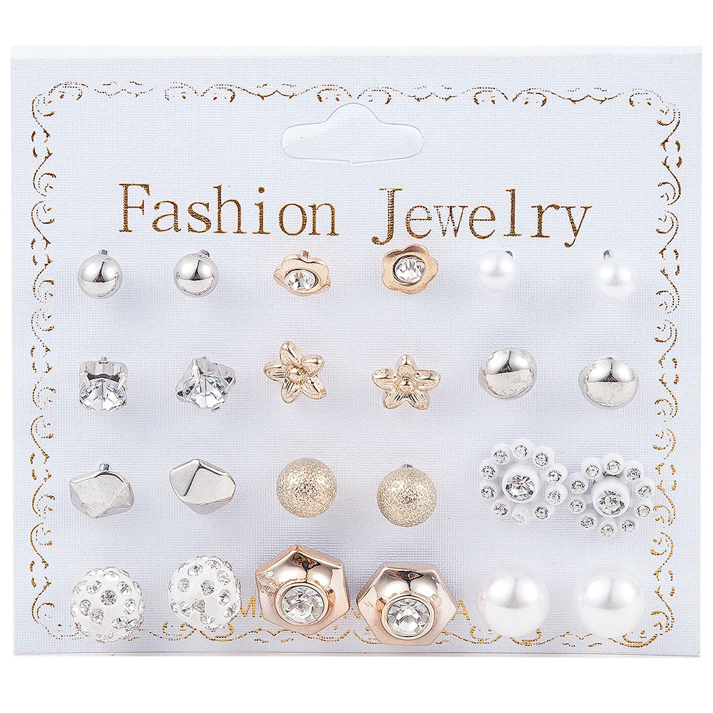 Crystal Simulated Pearl Earrings Set Women Jewelry Accessories Piercing Ball Stud Earring Kit Bijouteria Brincos