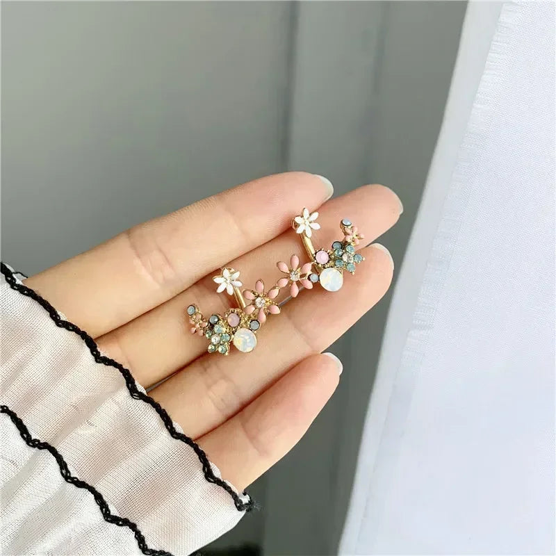 Korean Jewelry Fresh Cute Hook Drop Oil Flower Stud Earrings Crystal Earring for Women