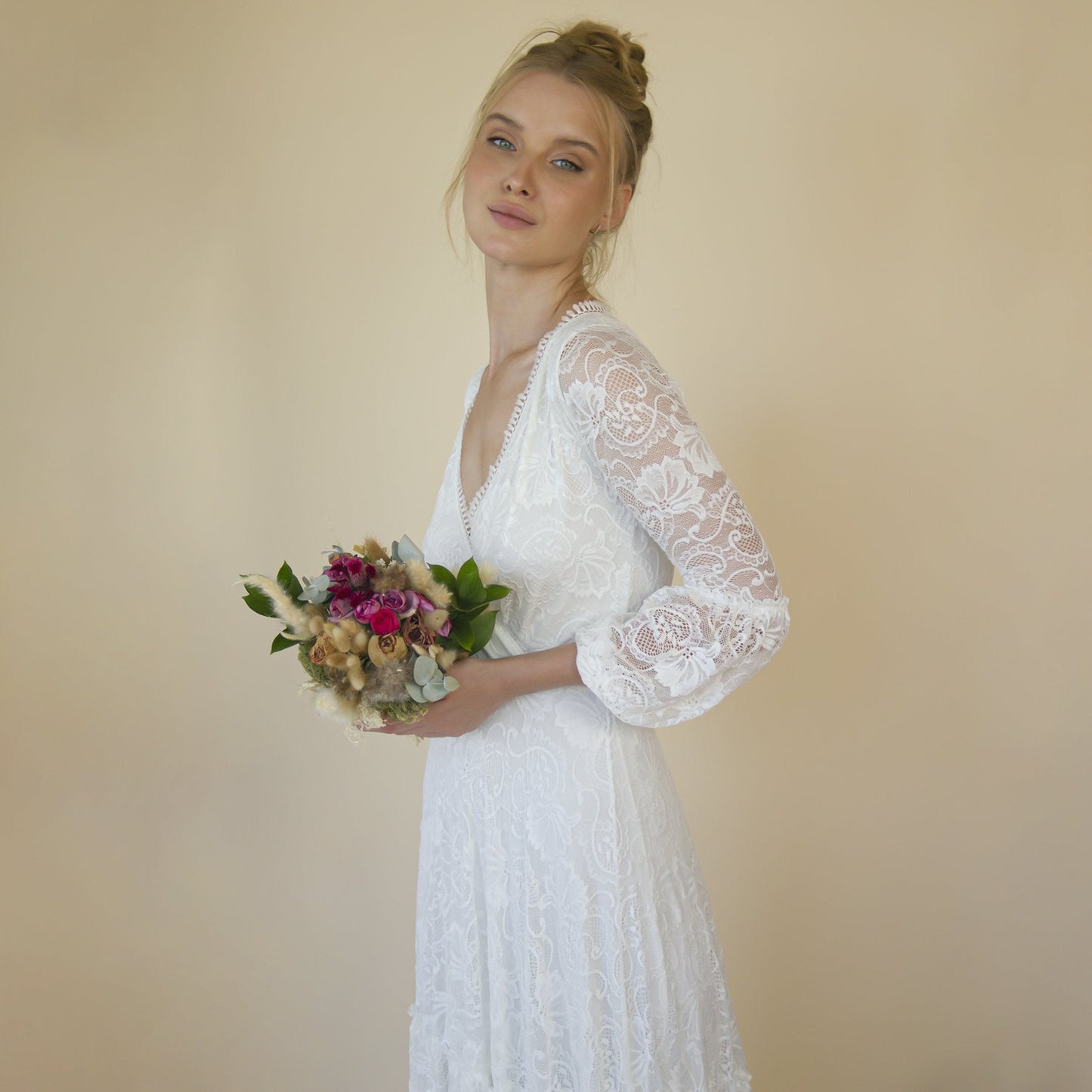 Bestseller Gipsy Layered Boho Lace Wedding Dress, Puffy Bracelet Sleeves #1365