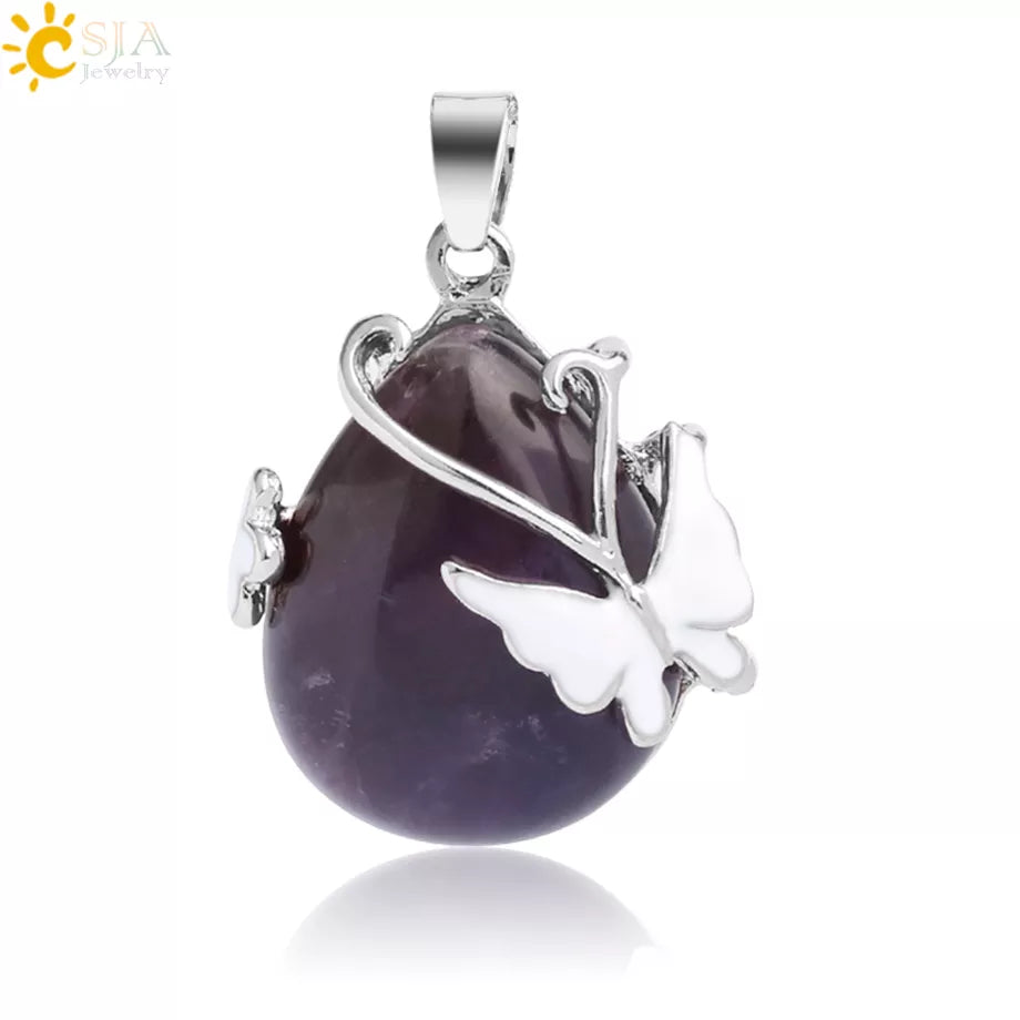 CSJA Water Drop Natural Stone Pendant Butterfly Necklace Pink Quartz Purple Crystal Tiger Eye Flower Necklace for Women Men G082