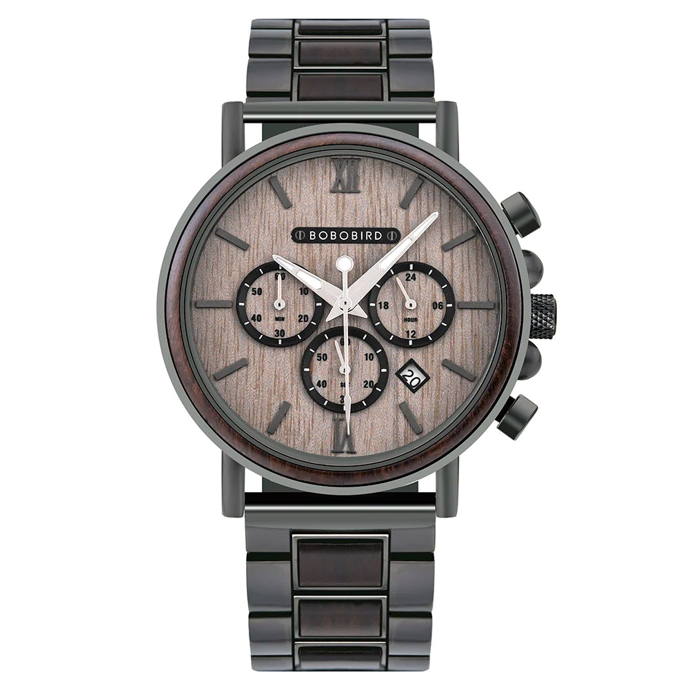 BOBO BIRD P09 Wood and Stainless Steel Watches Mens Chronograph Wristwatches Luminous Hands Stop Clock