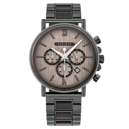 BOBO BIRD P09 Wood and Stainless Steel Watches Mens Chronograph Wristwatches Luminous Hands Stop Clock