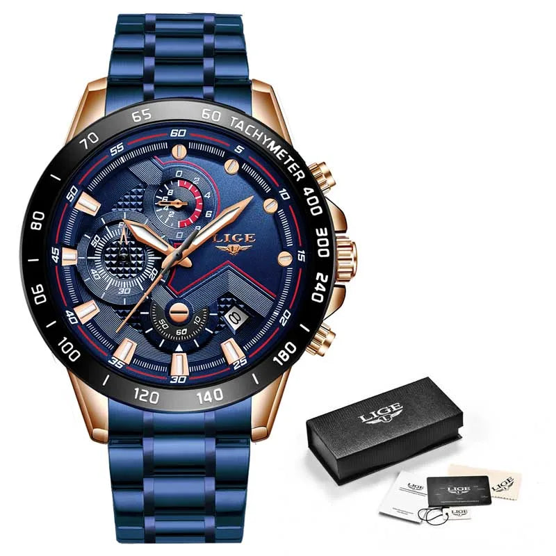 2022 LIGE New Blue Fashion Business Clock Mens Watches Top Brand Luxury All Steel Waterproof Quartz Gold Watch Relogio Masculino