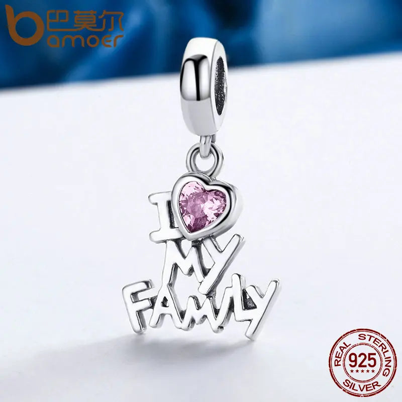 BAMOER 925 Sterling Silver I Love My Family Heart Dangle Charms Fit Women Charm Bracelets Jewelry Family