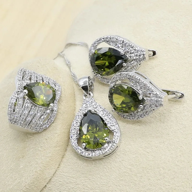 New Green Peridot Zircon Silver 925 Jewelry Set Women Bracelet Earrings Necklace Pendant Ring Birthday