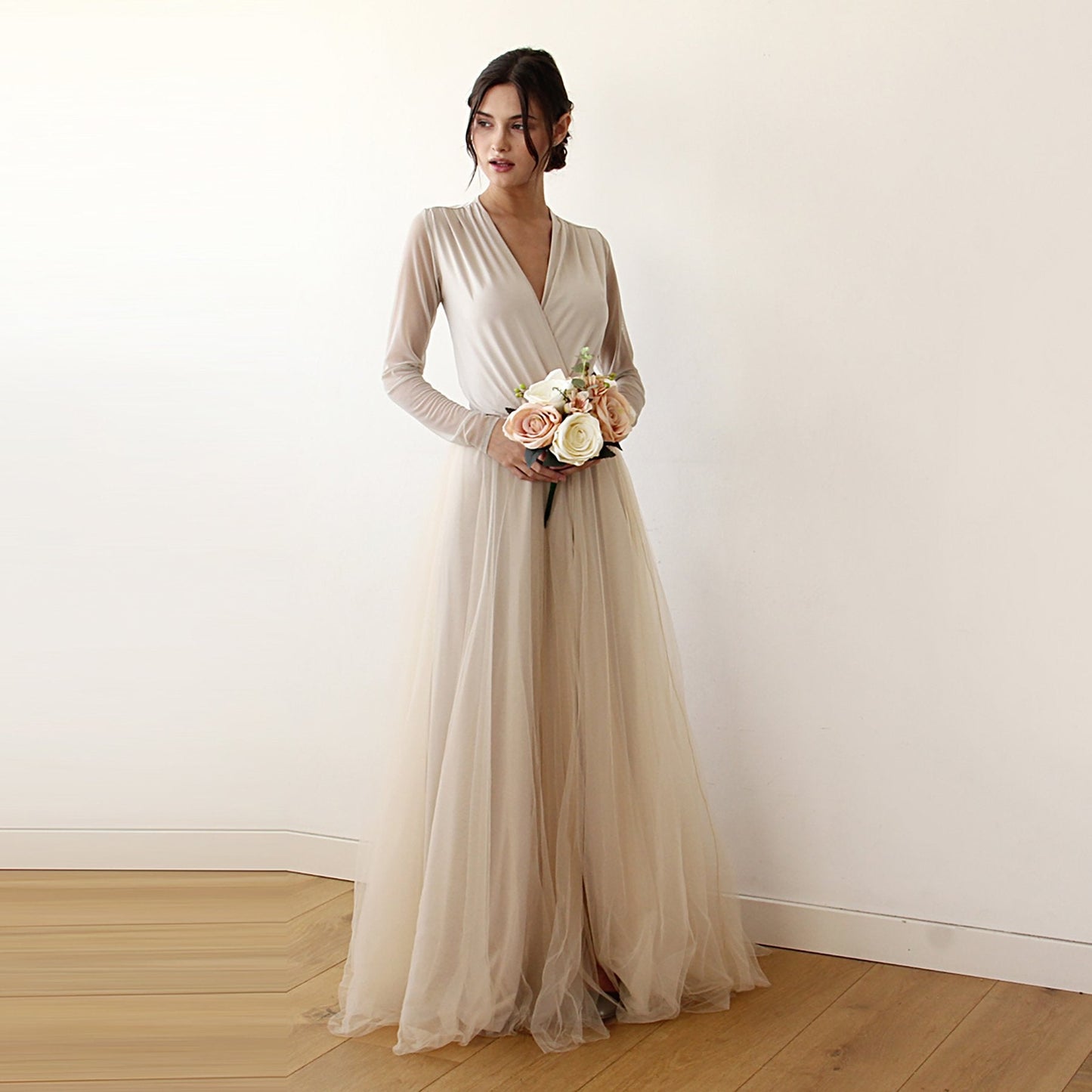 Champagne Wrap Tulle Gown With Long Chiffon Sleeves and Slit 1174