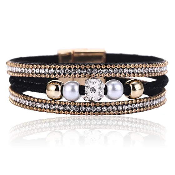 HOCOLE Fashion Gem Rhinestone Magnetic Leather Bracelets & Bangles Bohemian Handmade Multilayer Wrap Jewelry Women Pulseira