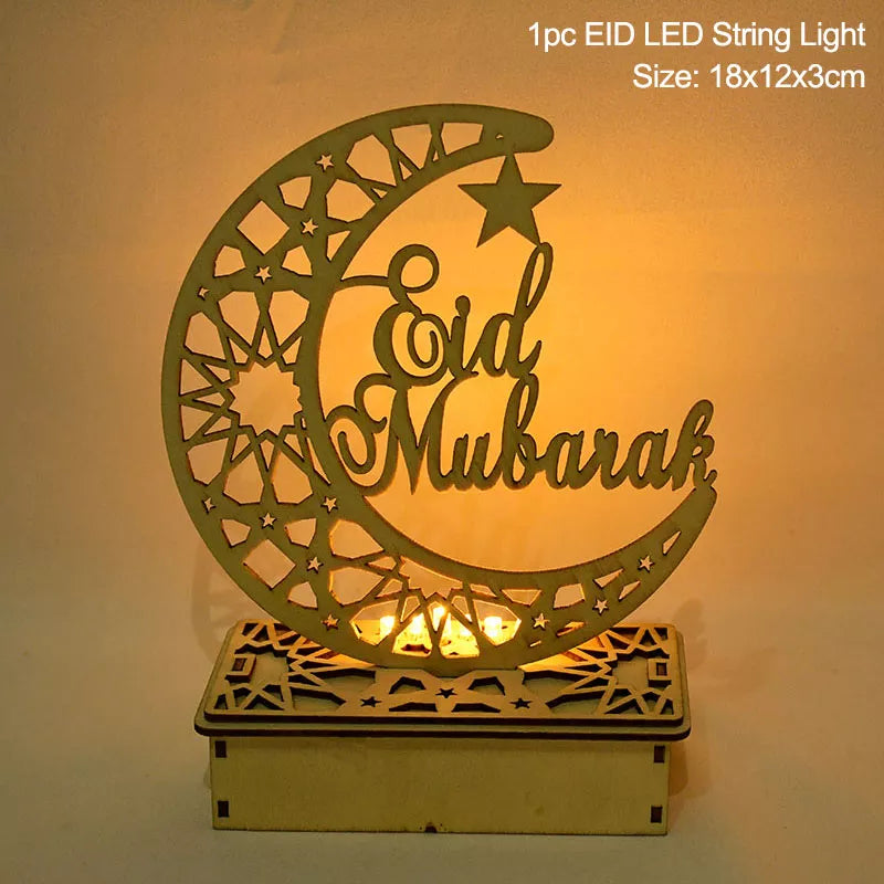 EID Mubarak Wooden Pendant With LED Candles Light Ramadan Decorations for Home Islamic Muslim Party Eid Decor Kareem Ramadan